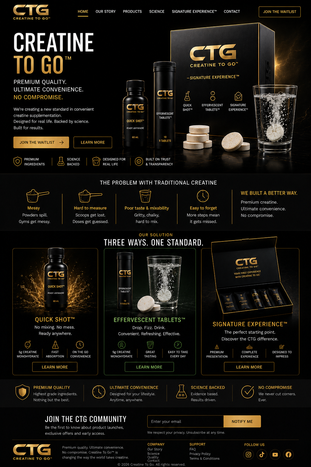 Creatine To Go premium black and gold homepage design